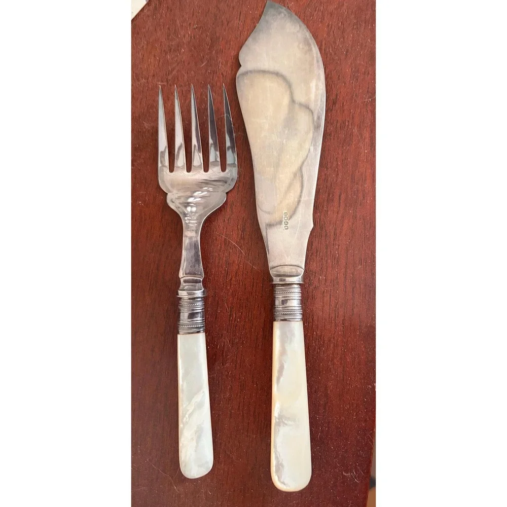 Vintage EPNS Fish Serving Set Mother of Pearl Handles Boxed English Server